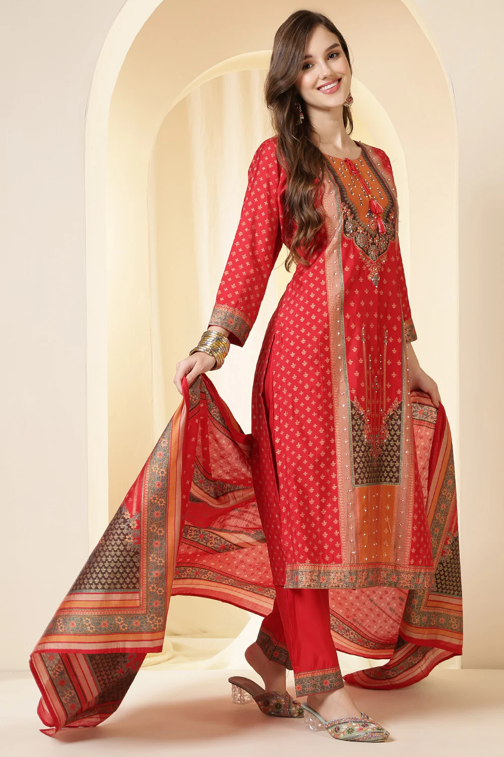 Red Color Printed Silk Embroidered Suit Set - Image 2
