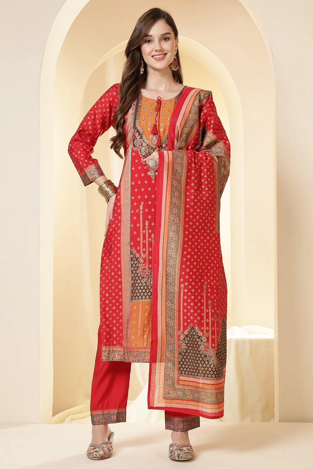 Red Color Printed Silk Embroidered Suit Set - Image 3