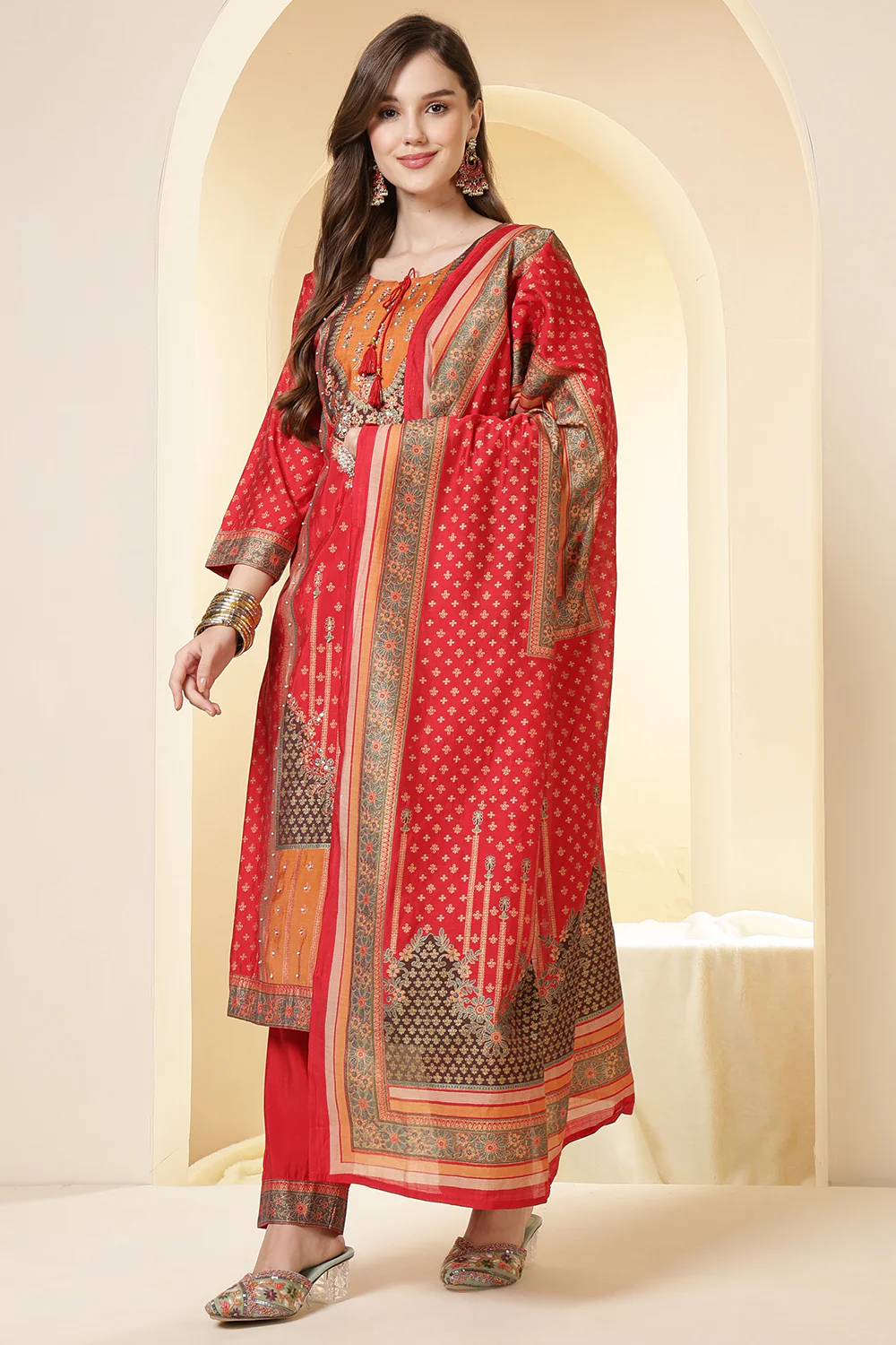 Red Color Printed Silk Embroidered Suit Set - Image 4