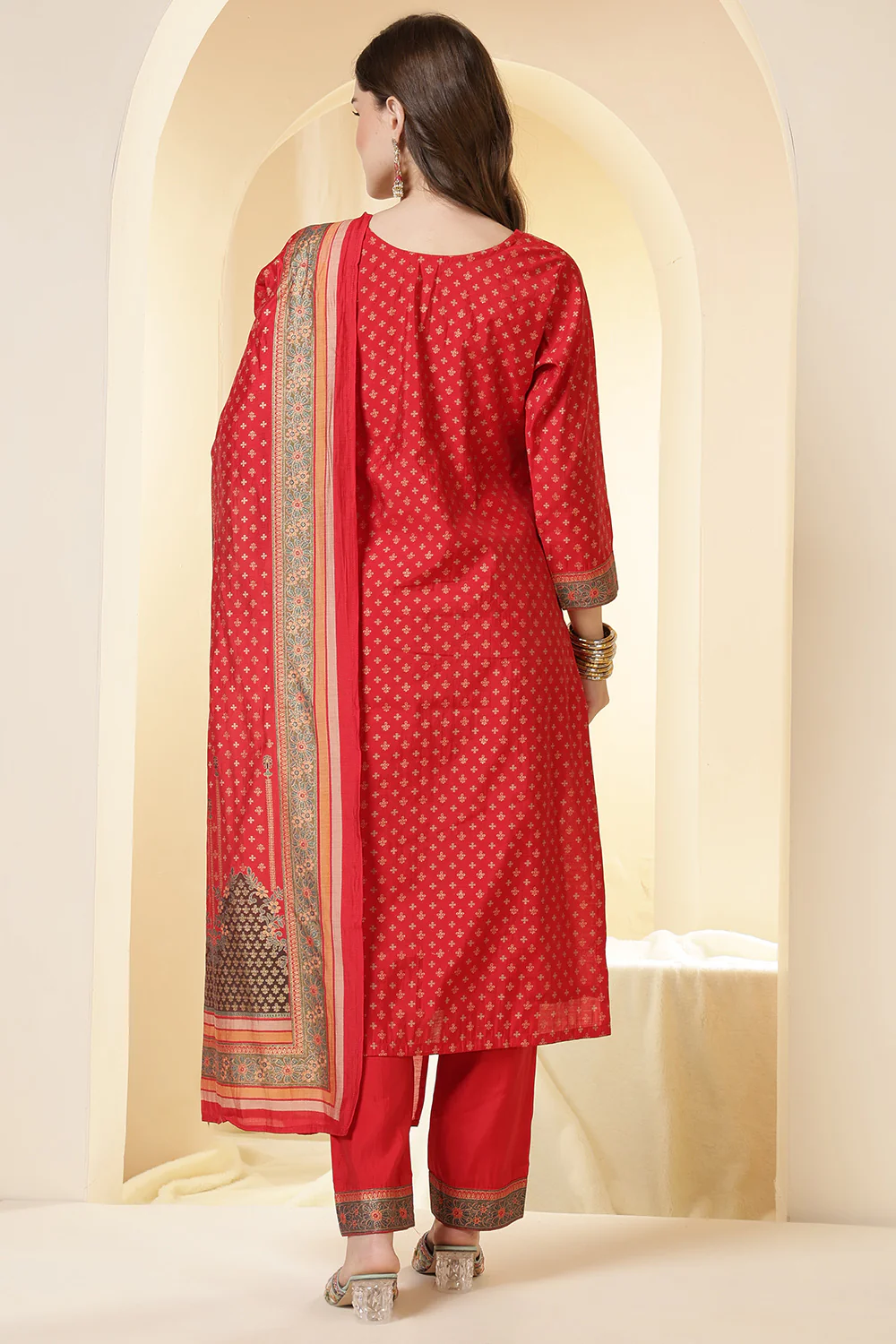 Red Color Printed Silk Embroidered Suit Set - Image 5