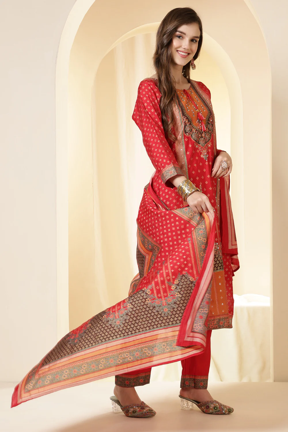 Red Color Printed Silk Embroidered Suit Set - Image 6