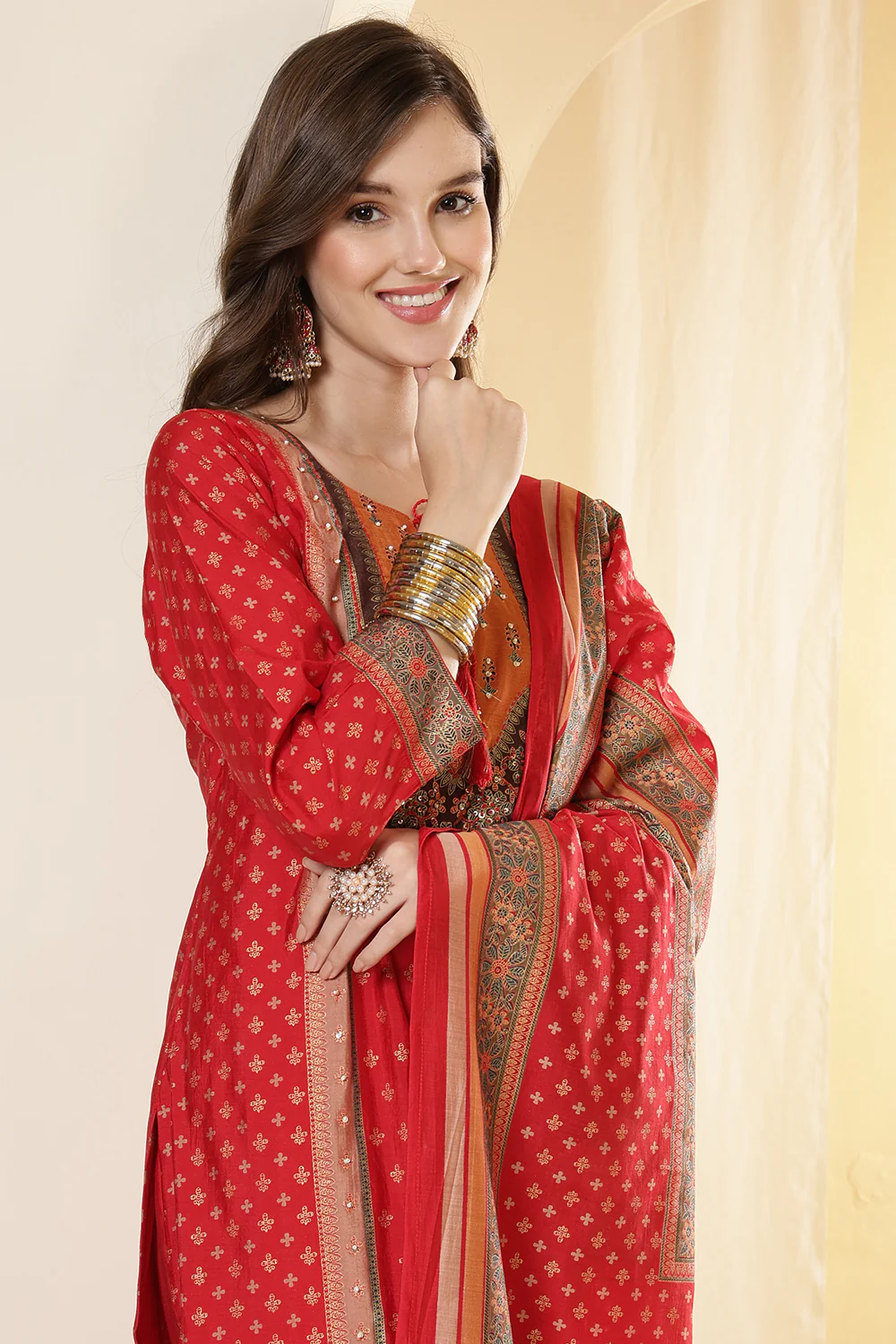 Red Color Printed Silk Embroidered Suit Set - Image 7