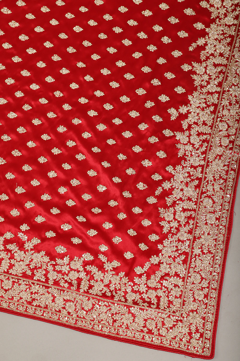 Red Color Pure Satin Crepe Saree with Full Zardozi Handwork - Image 3