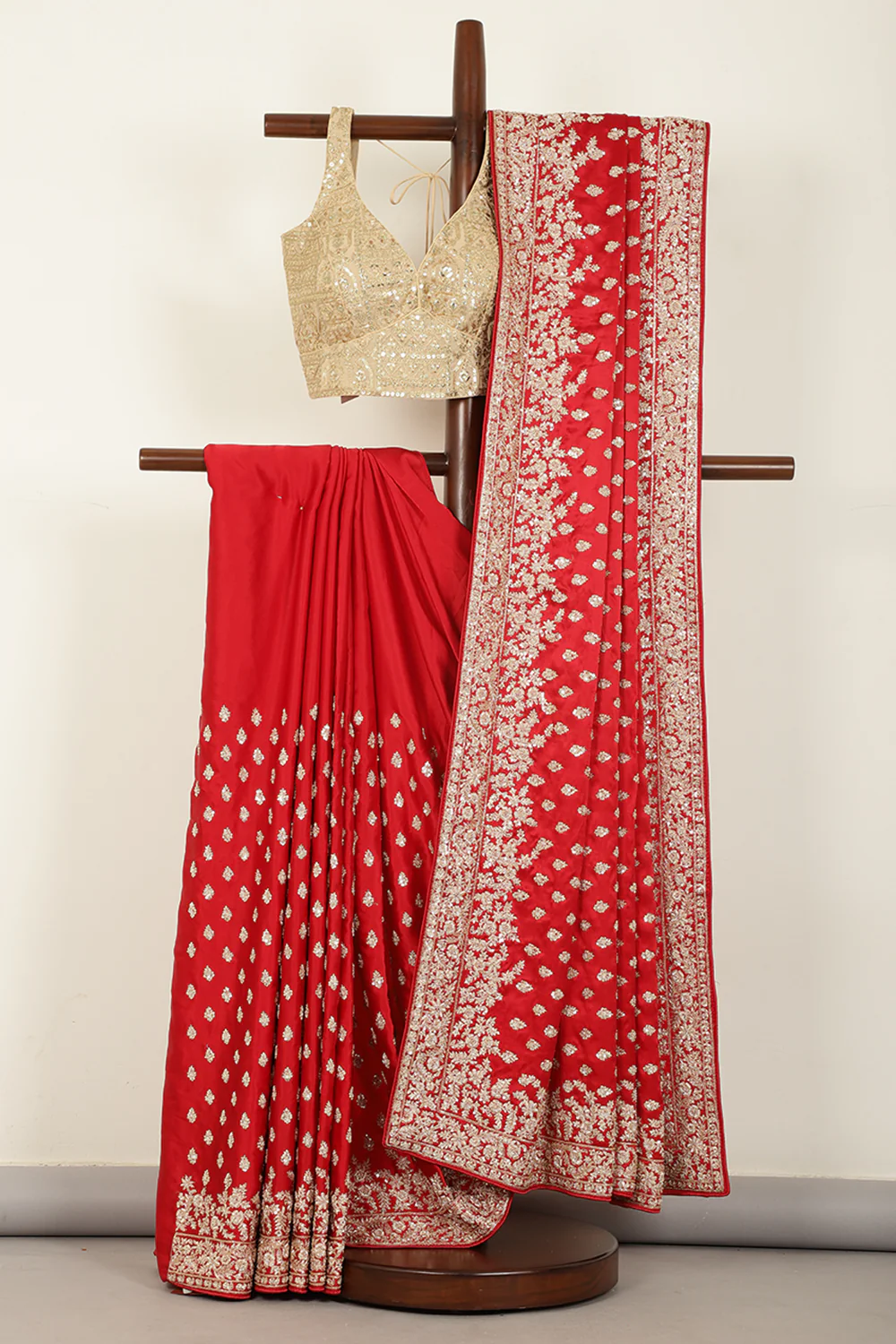 Red Color Pure Satin Crepe Saree with Full Zardozi Handwork - Image 4