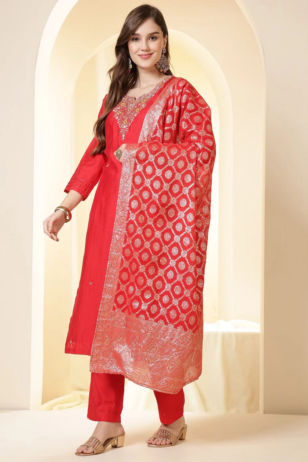 Red Color Silk Neck Embroidered Suit Set - Image 2