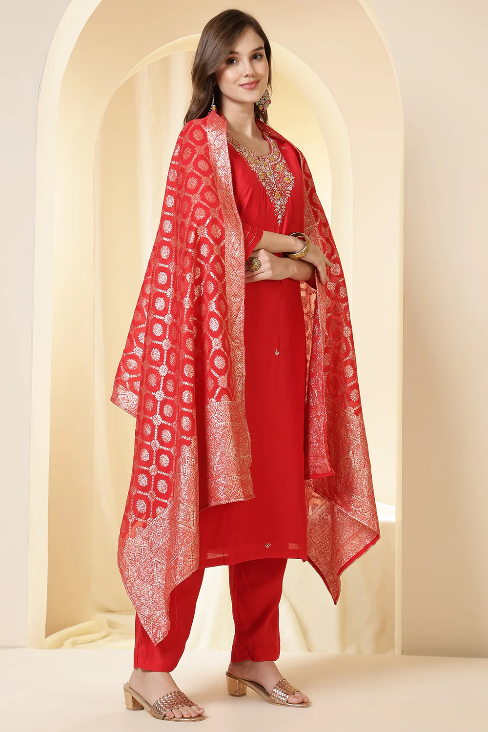 Red Color Silk Neck Embroidered Suit Set - Image 3