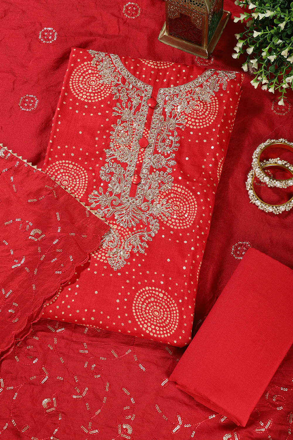Red Cotton Bandhani Printed & Neck Embroidered Unstitched Suit
