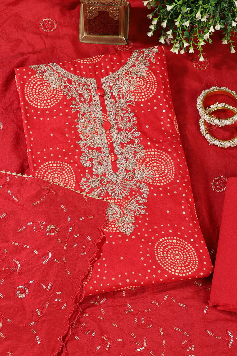 Red Cotton Bandhani Printed & Neck Embroidered Unstitched Suit - Image 2