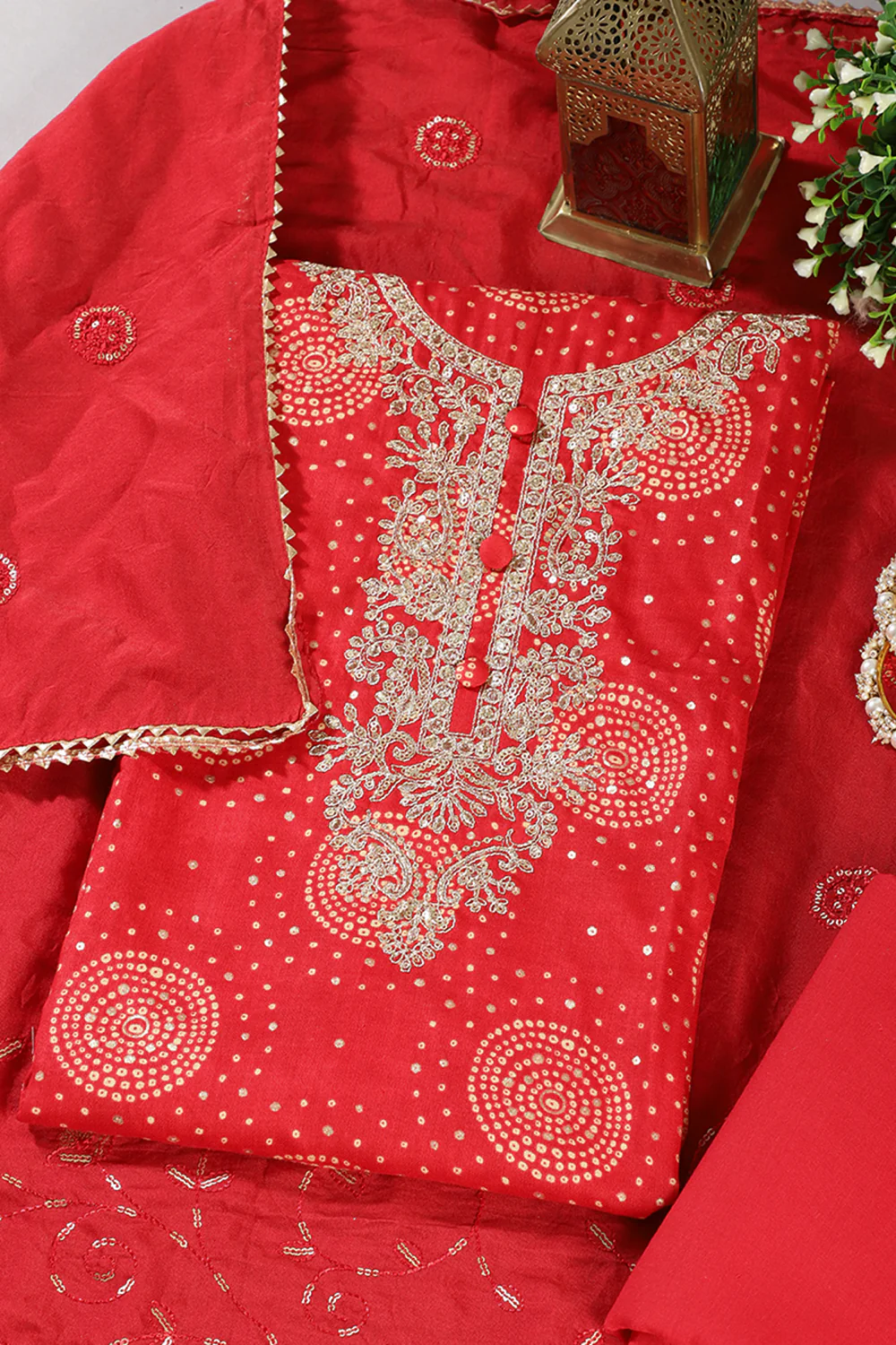 Red Cotton Bandhani Printed & Neck Embroidered Unstitched Suit - Image 3