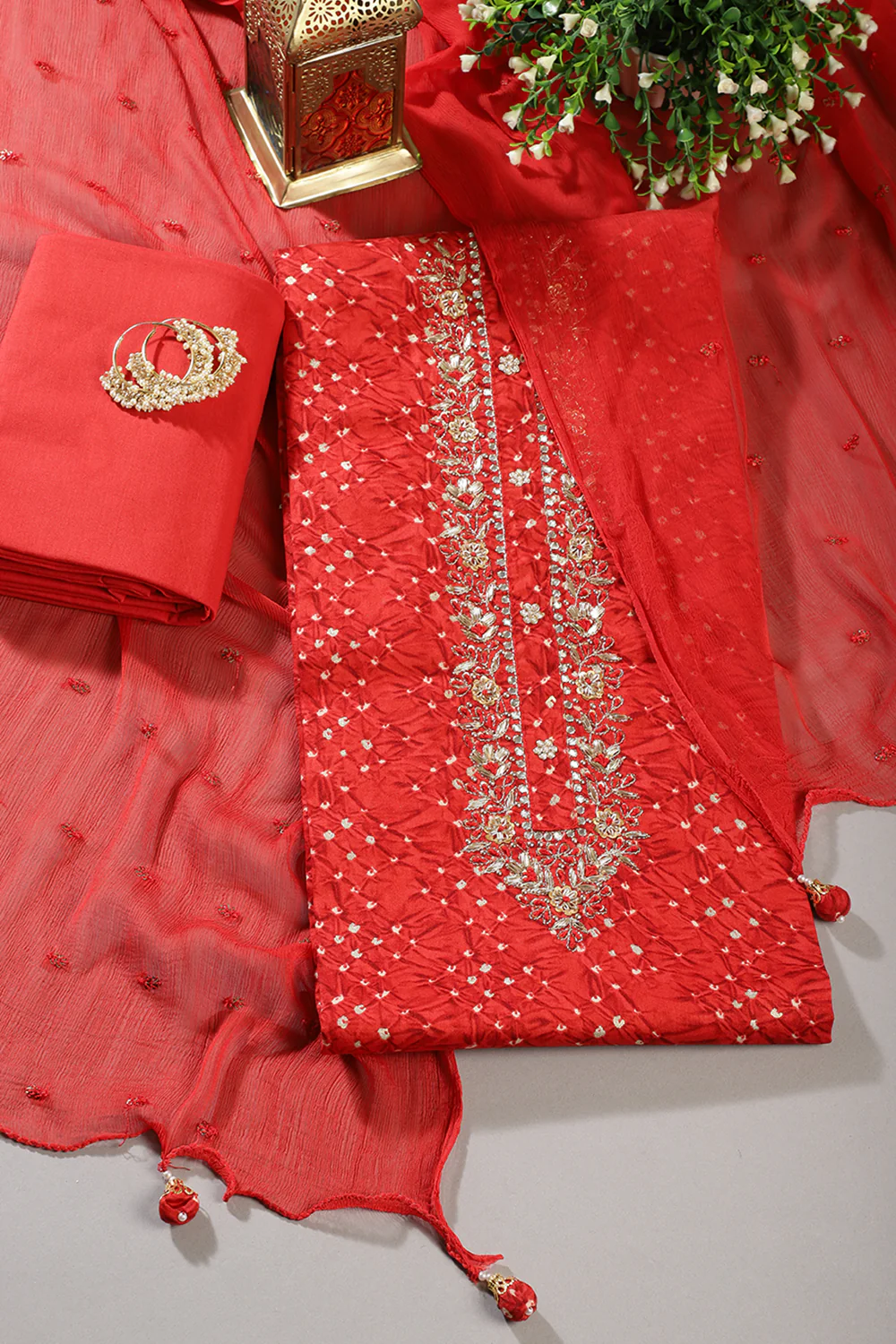 Red Cotton Neck Zardozi Embroidered & Shibori Printed Unstitched Suit Fabric - Image 3