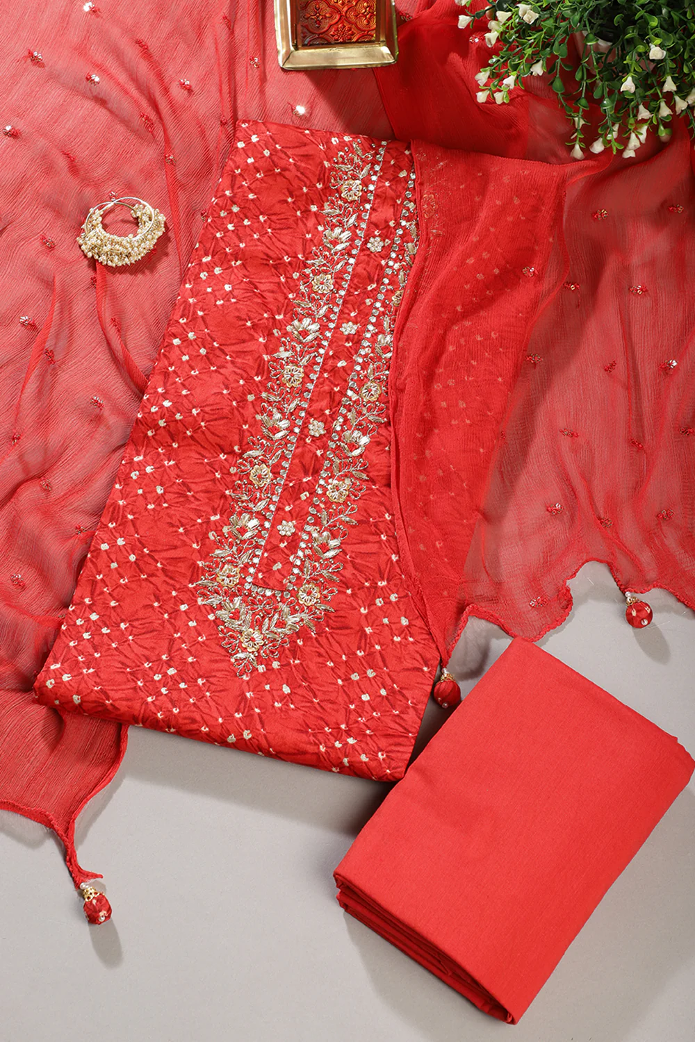 Red Cotton Neck Zardozi Embroidered & Shibori Printed Unstitched Suit Fabric - Image 4