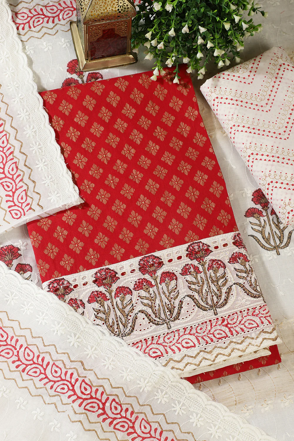 Red Cotton Woven And Lace Work Unstitched Suit Material - Image 2