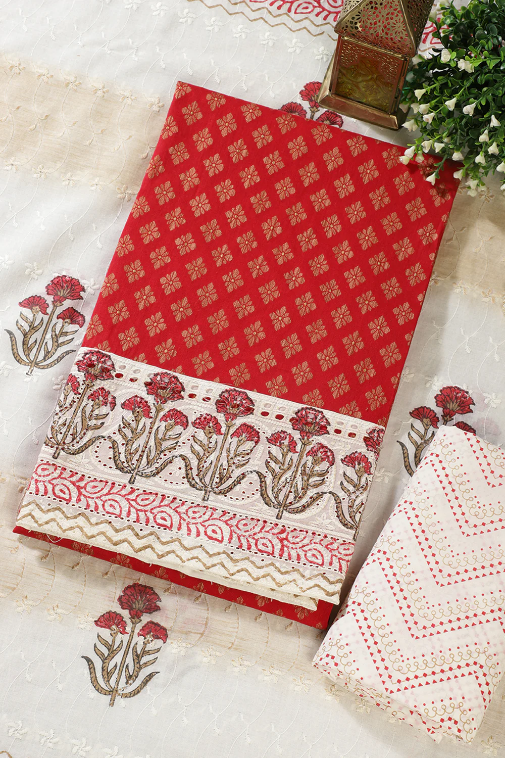 Red Cotton Woven And Lace Work Unstitched Suit Material - Image 3
