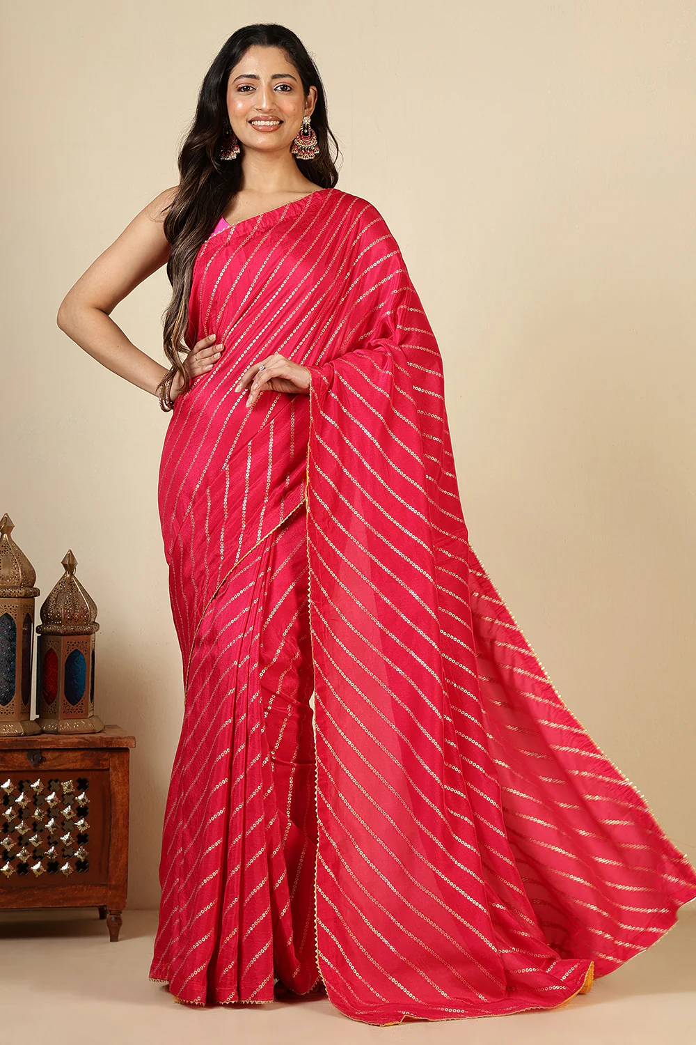 Red Modal Silk Saree with Zari Pinstripes - Image 2