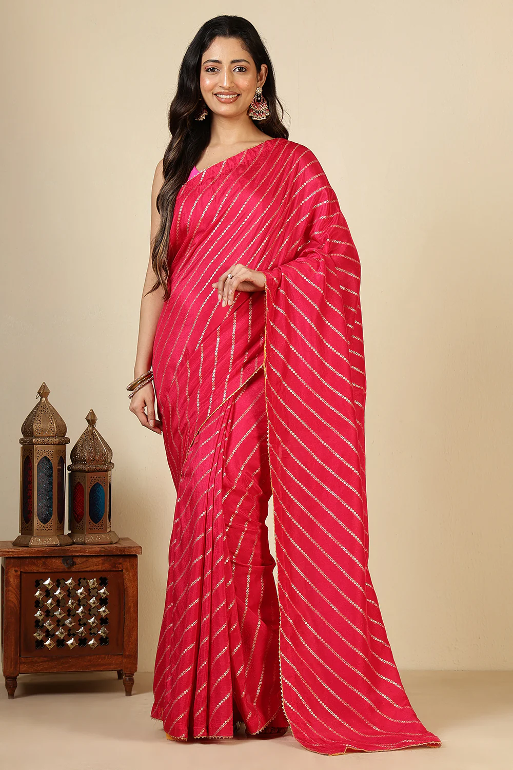 Red Modal Silk Saree with Zari Pinstripes - Image 3
