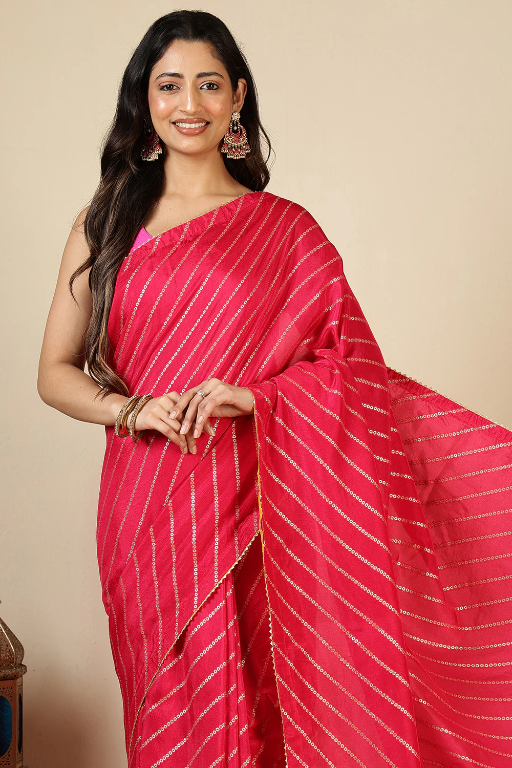 Red Modal Silk Saree with Zari Pinstripes - Image 5