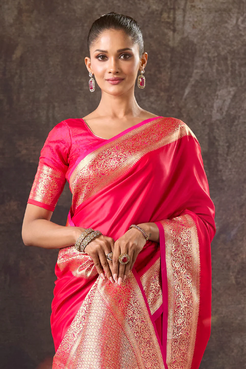 Red Satin Silk Woven Saree - Image 2