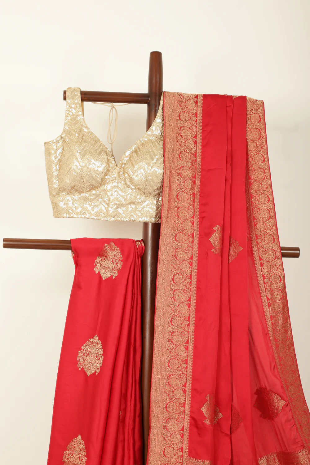 Red Satin Woven Saree - Image 3