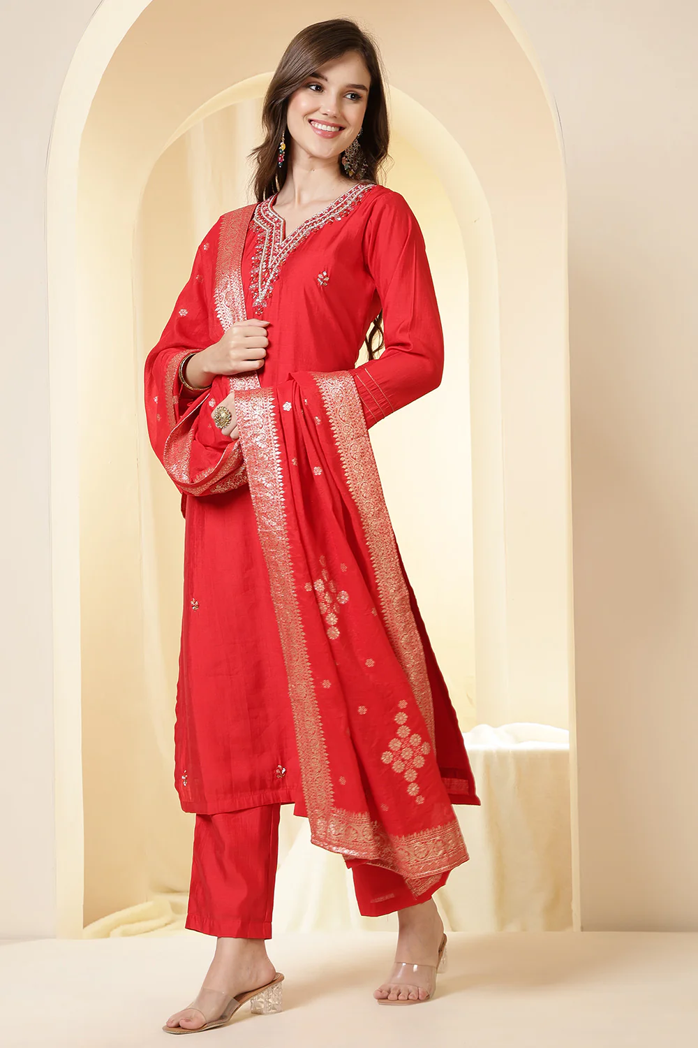 Red Silk Embroidered Suit Set - Image 2