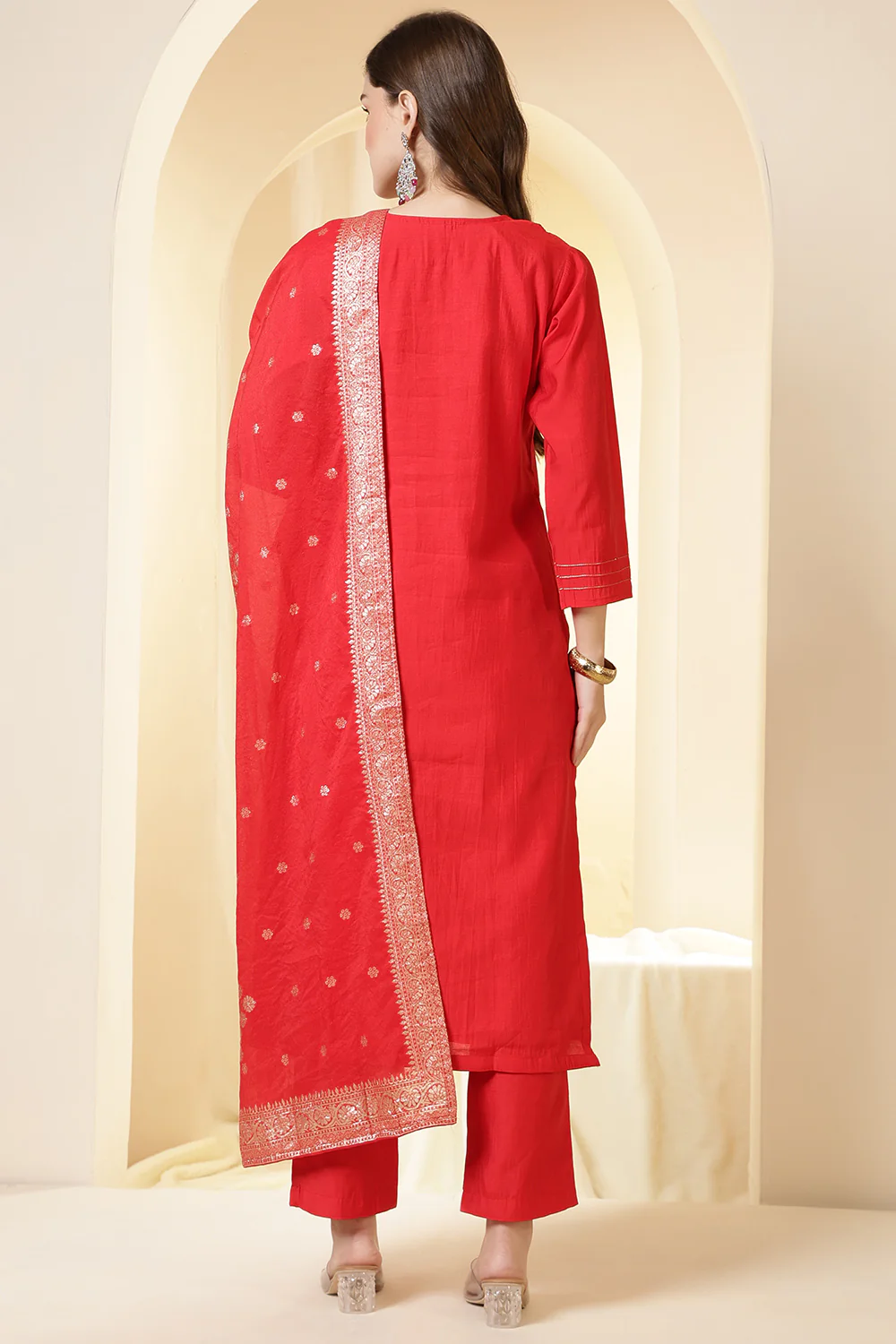 Red Silk Embroidered Suit Set - Image 3