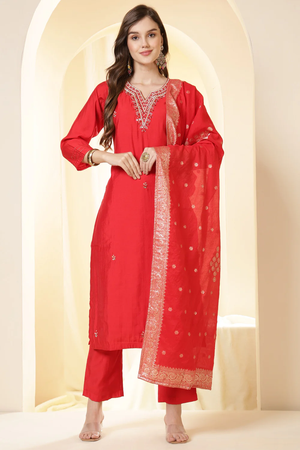 Red Silk Embroidered Suit Set - Image 4