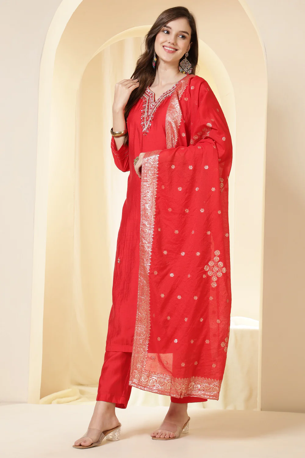 Red Silk Embroidered Suit Set - Image 5