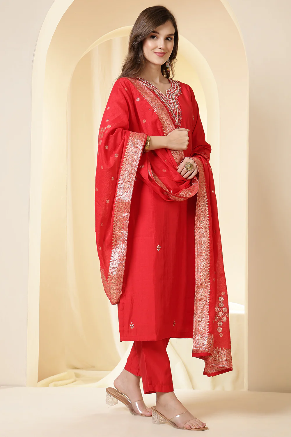 Red Silk Embroidered Suit Set - Image 6