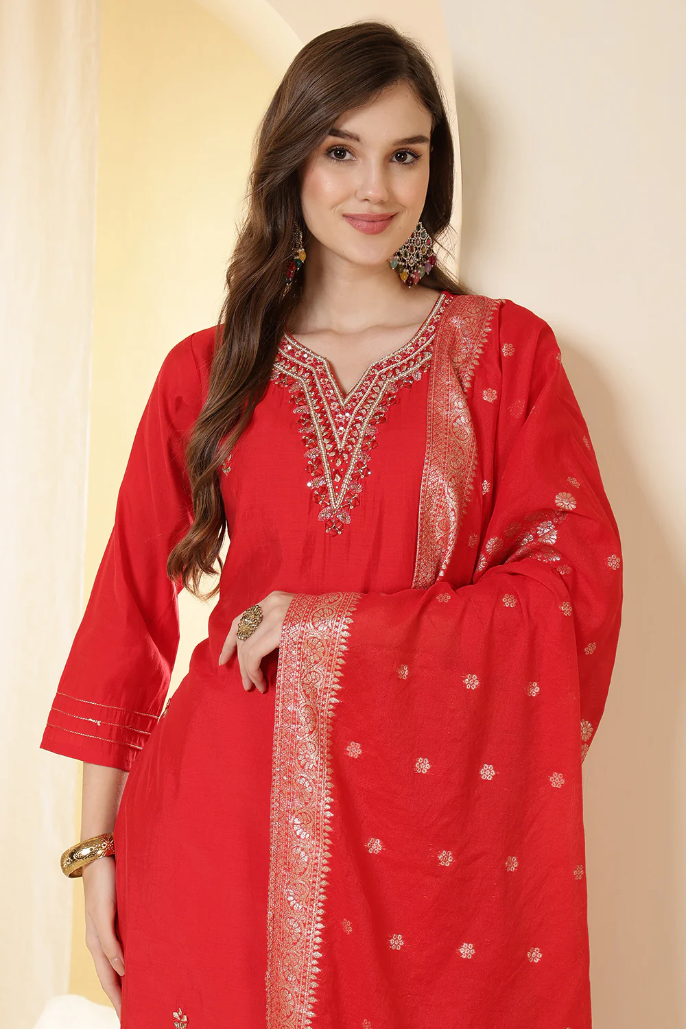 Red Silk Embroidered Suit Set - Image 7