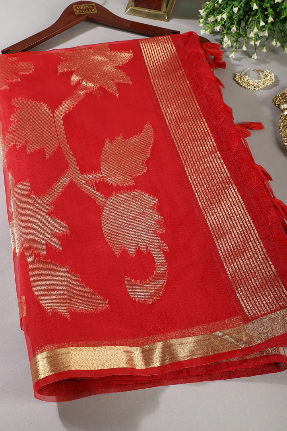 Red Tussar Silk Floral Zari Woven Saree