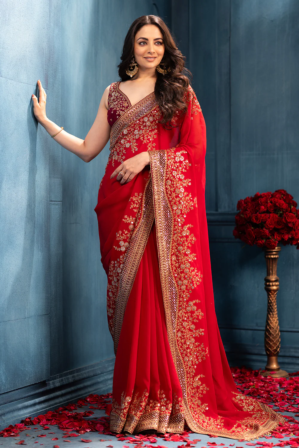 Rubi Red Pure Georgette Sequins Floral Embroidered Saree - Image 2
