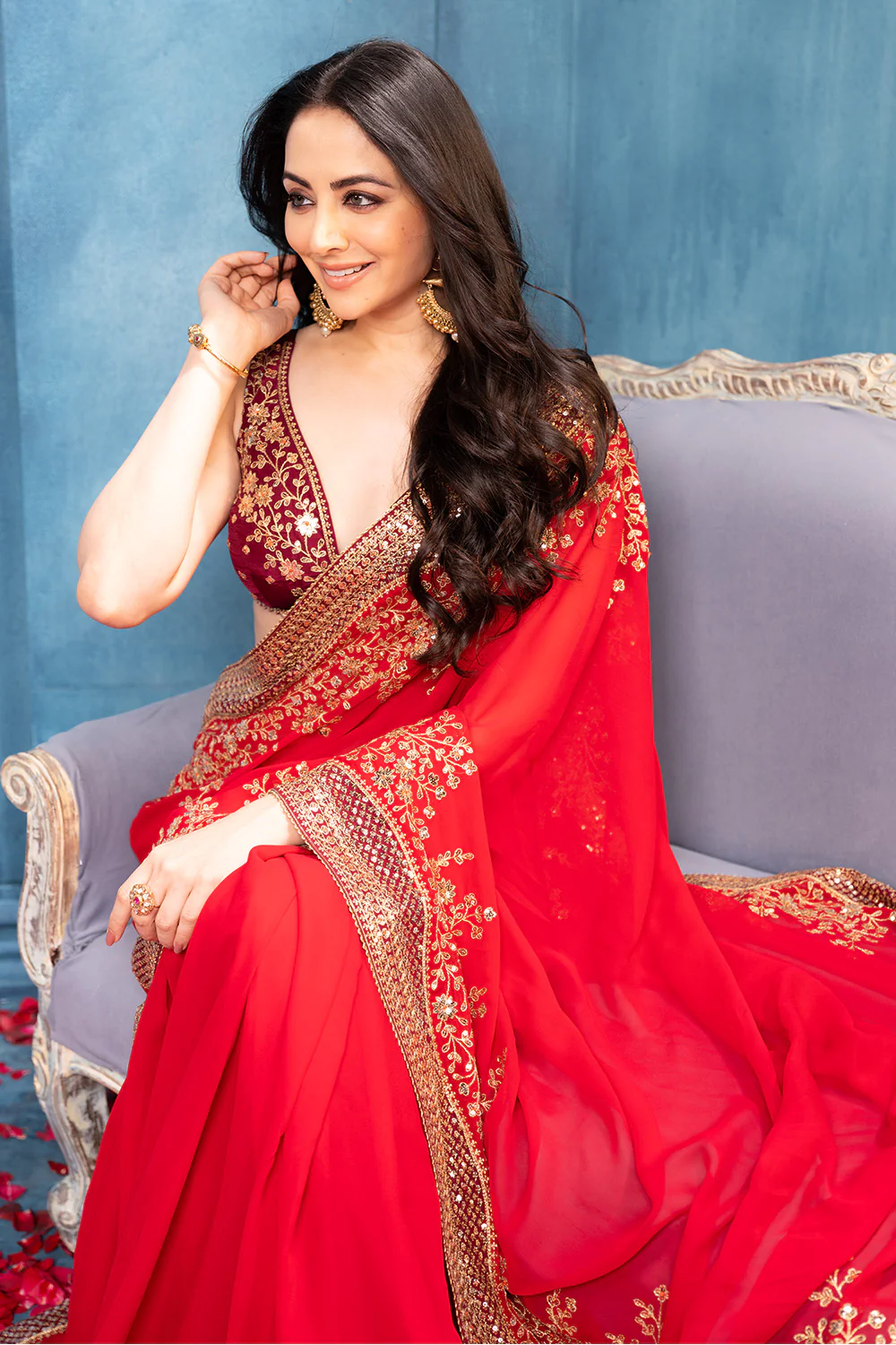 Rubi Red Pure Georgette Sequins Floral Embroidered Saree - Image 4