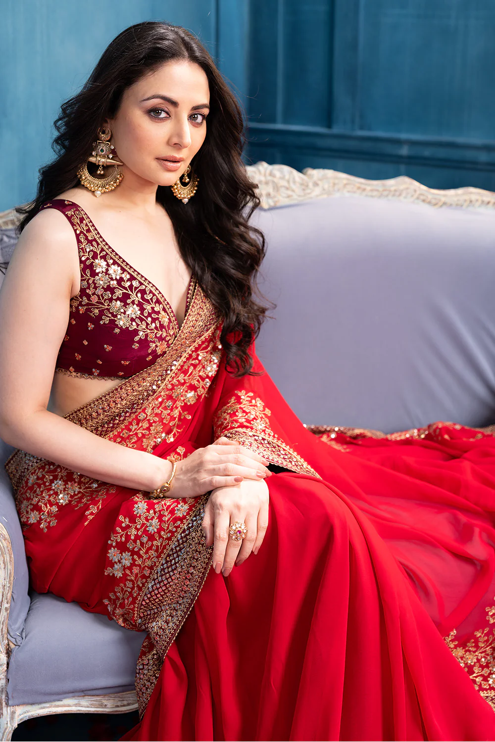 Rubi Red Pure Georgette Sequins Floral Embroidered Saree - Image 5