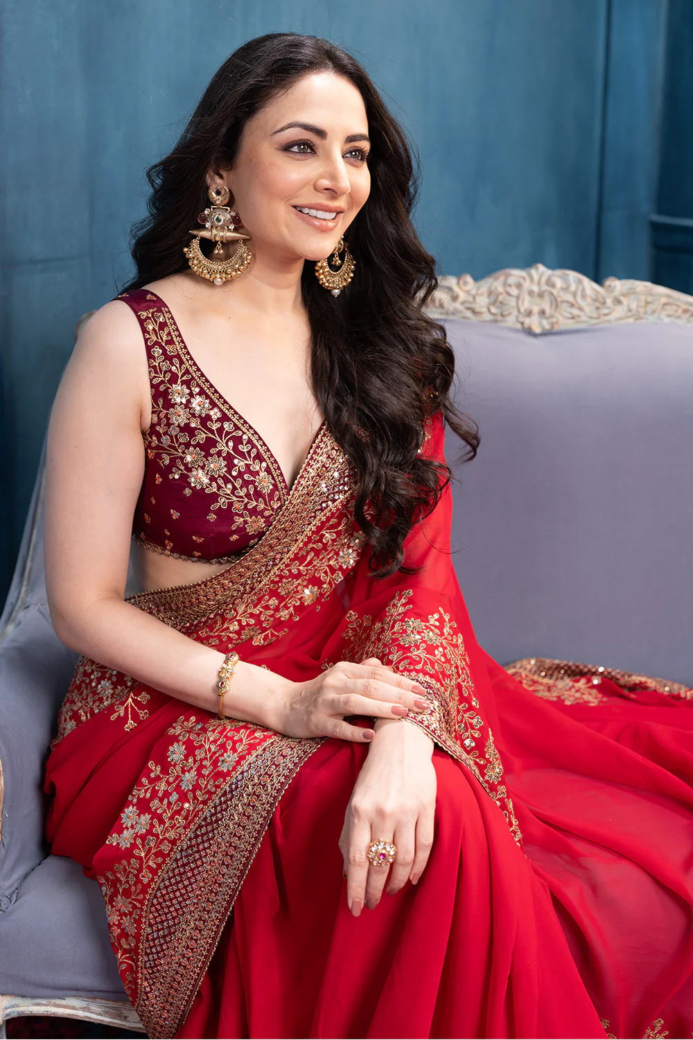Rubi Red Pure Georgette Sequins Floral Embroidered Saree - Image 7