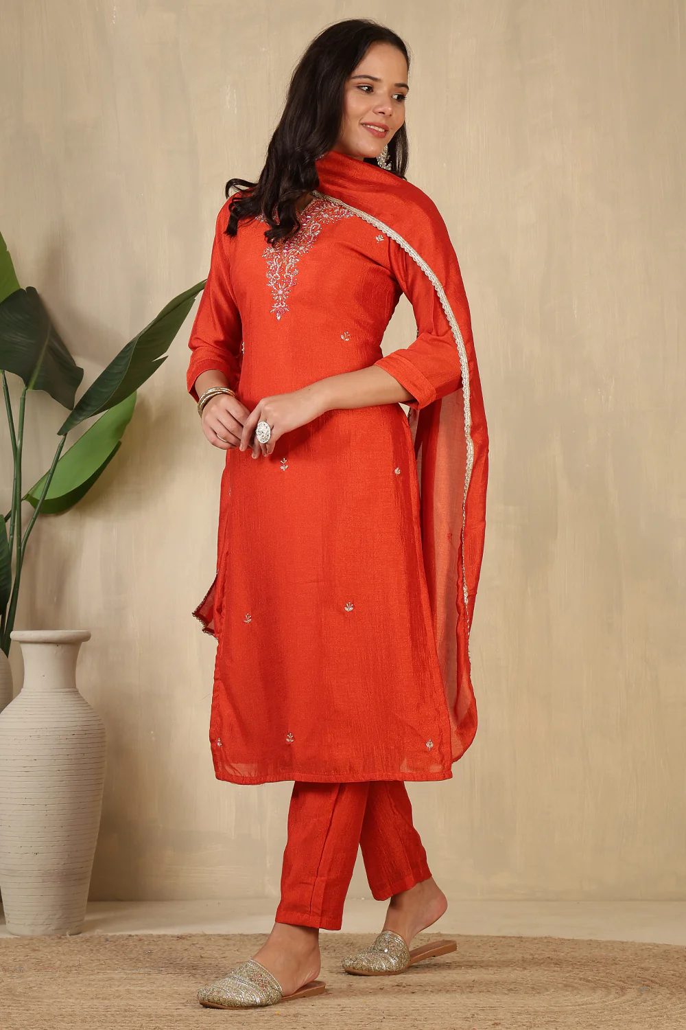 Rust Crepe Silk Neck Embroidered Suit - Image 2