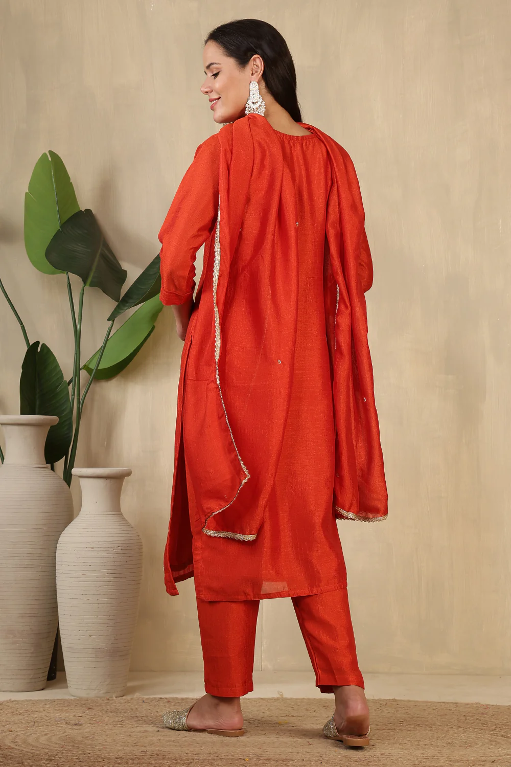 Rust Crepe Silk Neck Embroidered Suit - Image 3