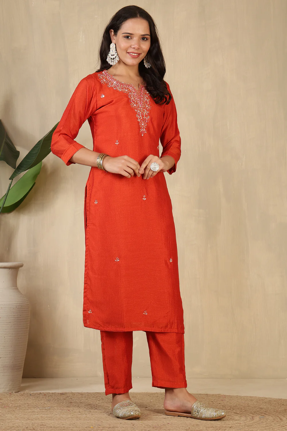 Rust Crepe Silk Neck Embroidered Suit - Image 4