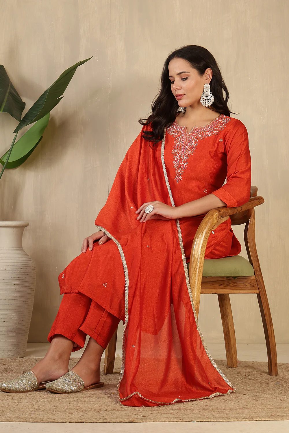 Rust Crepe Silk Neck Embroidered Suit - Image 5