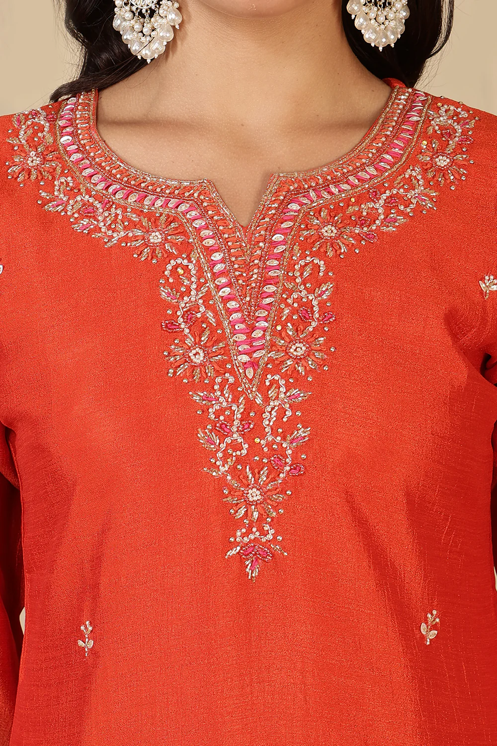 Rust Crepe Silk Neck Embroidered Suit - Image 6