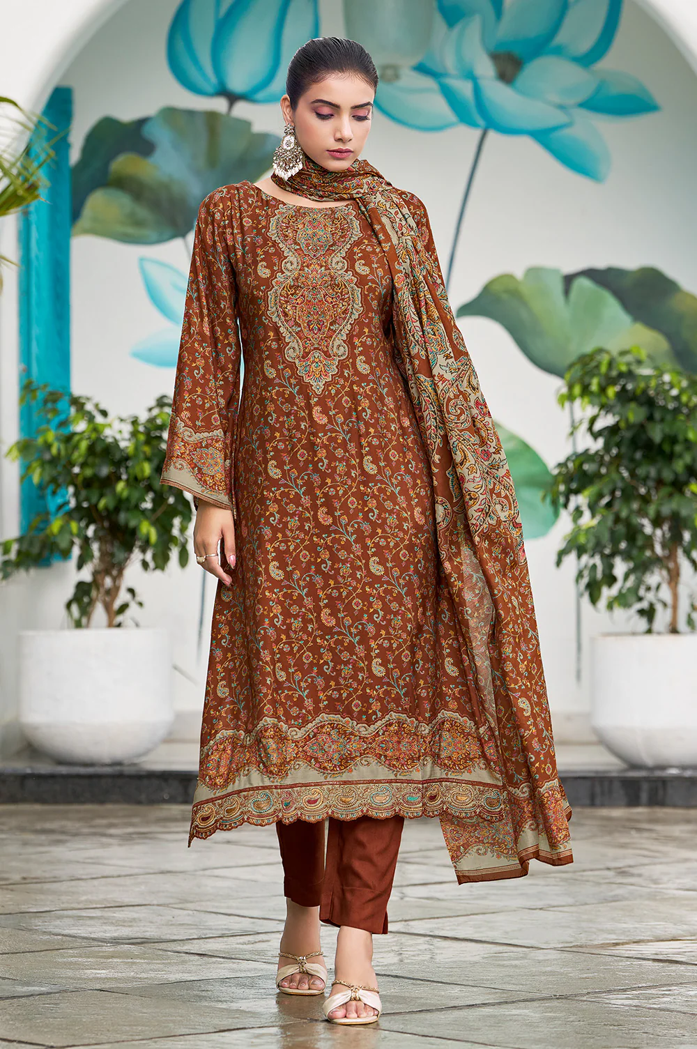 Rust Muslin Floral Printed Unstitched Suit Material - Image 2