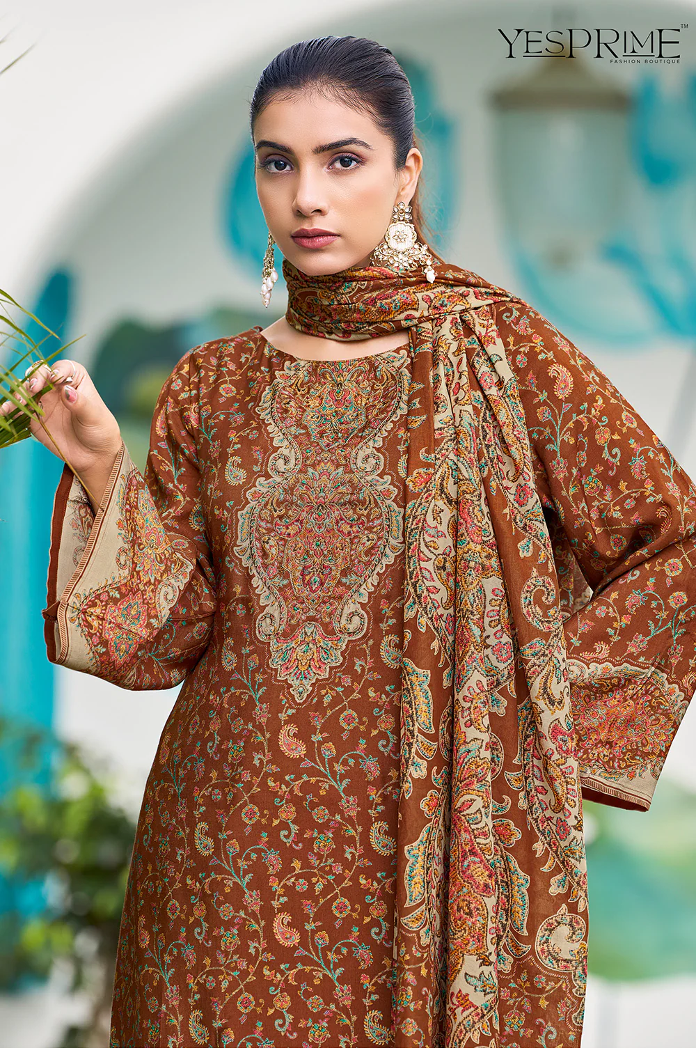 Rust Muslin Floral Printed Unstitched Suit Material - Image 3