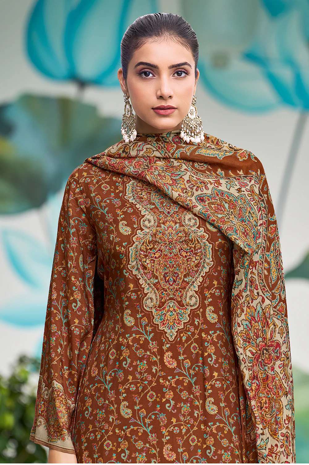 Rust Muslin Floral Printed Unstitched Suit Material - Image 4