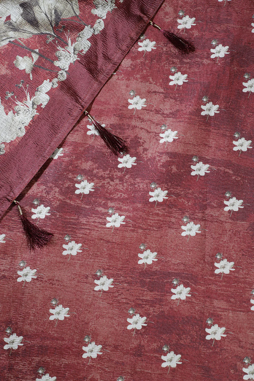 Rust Tussar Silk Floral Printed Saree - Image 4