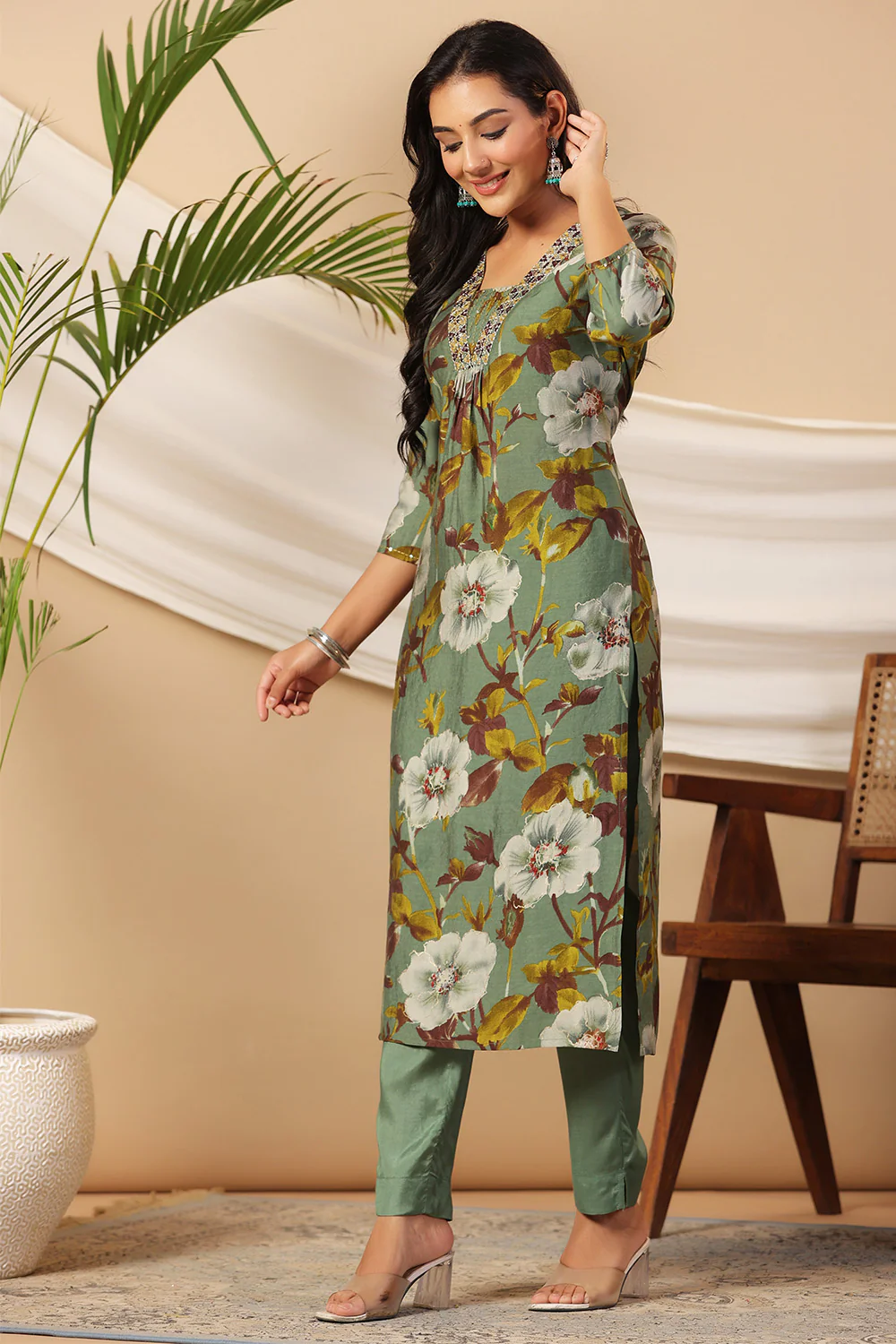 Sage Green Color Muslin Floral Printed Kurta Set - Image 4