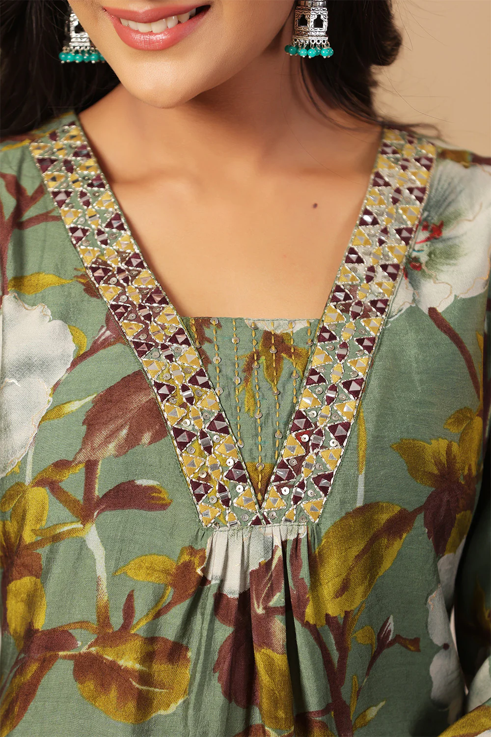Sage Green Color Muslin Floral Printed Kurta Set - Image 6