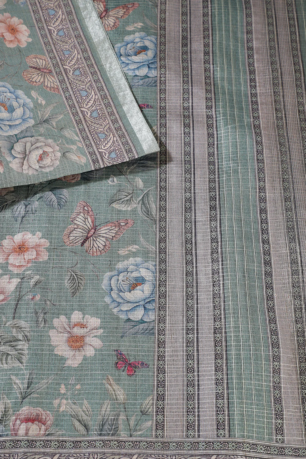 Sage Green Floral Printed Metallic Tissue Saree - Image 2