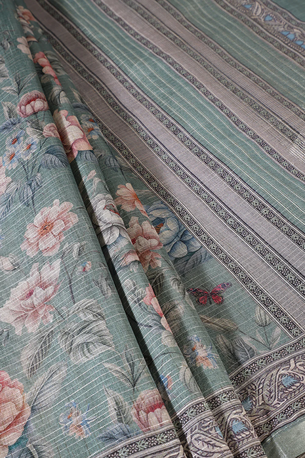 Sage Green Floral Printed Metallic Tissue Saree - Image 3