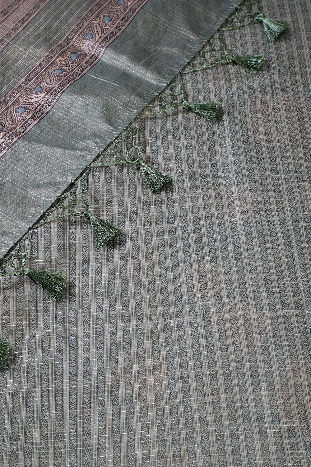 Sage Green Floral Printed Metallic Tissue Saree - Image 4