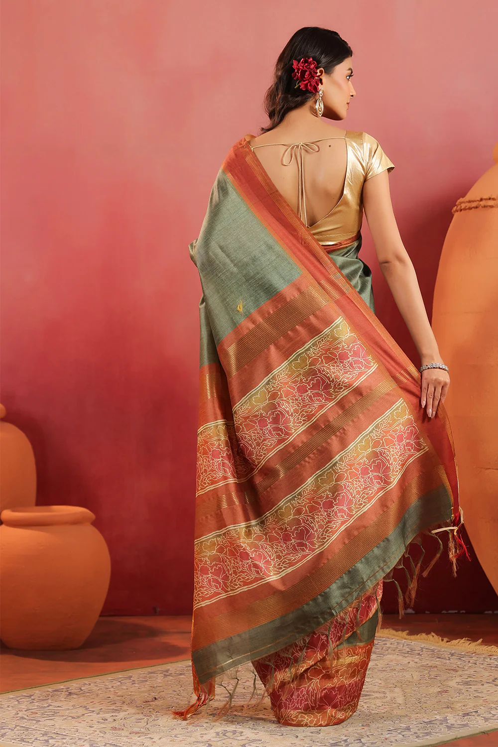 Sage Green Tussar Silk Floral Printed and Zari Woven Saree - Image 3