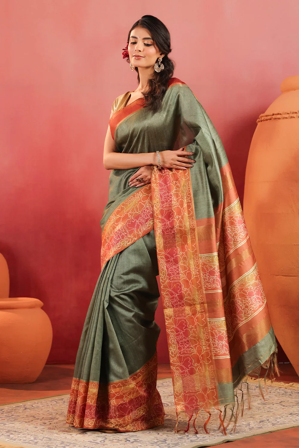 Sage Green Tussar Silk Floral Printed and Zari Woven Saree - Image 4