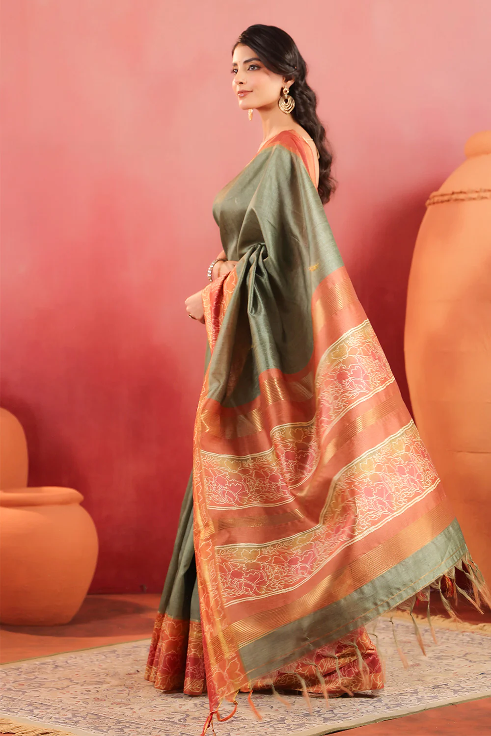 Sage Green Tussar Silk Floral Printed and Zari Woven Saree - Image 5